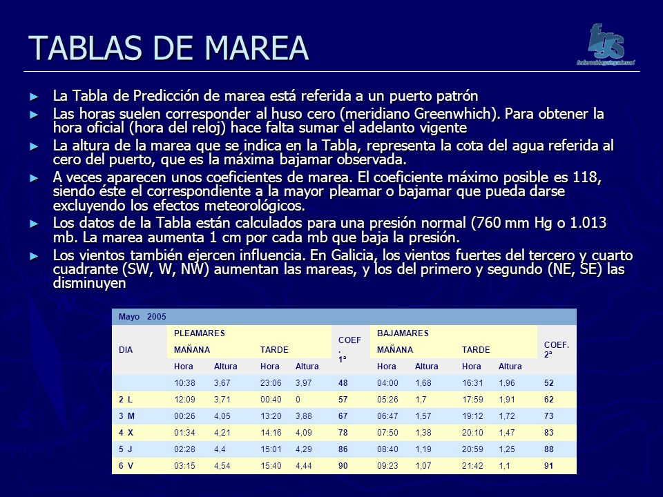 TABLAS DE MAREA La Tabla de Predicción de marea está referida a un puerto patrón.