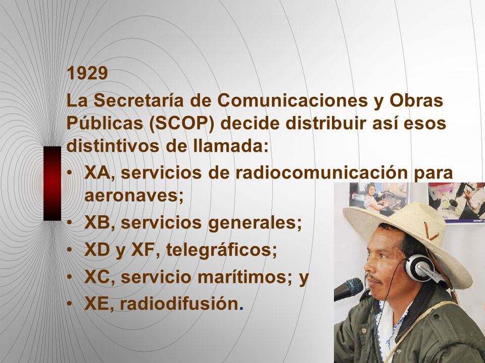 1929 La Secretaría de Comunicaciones y Obras Públicas (SCOP) decide distribuir así esos distintivos de llamada:
