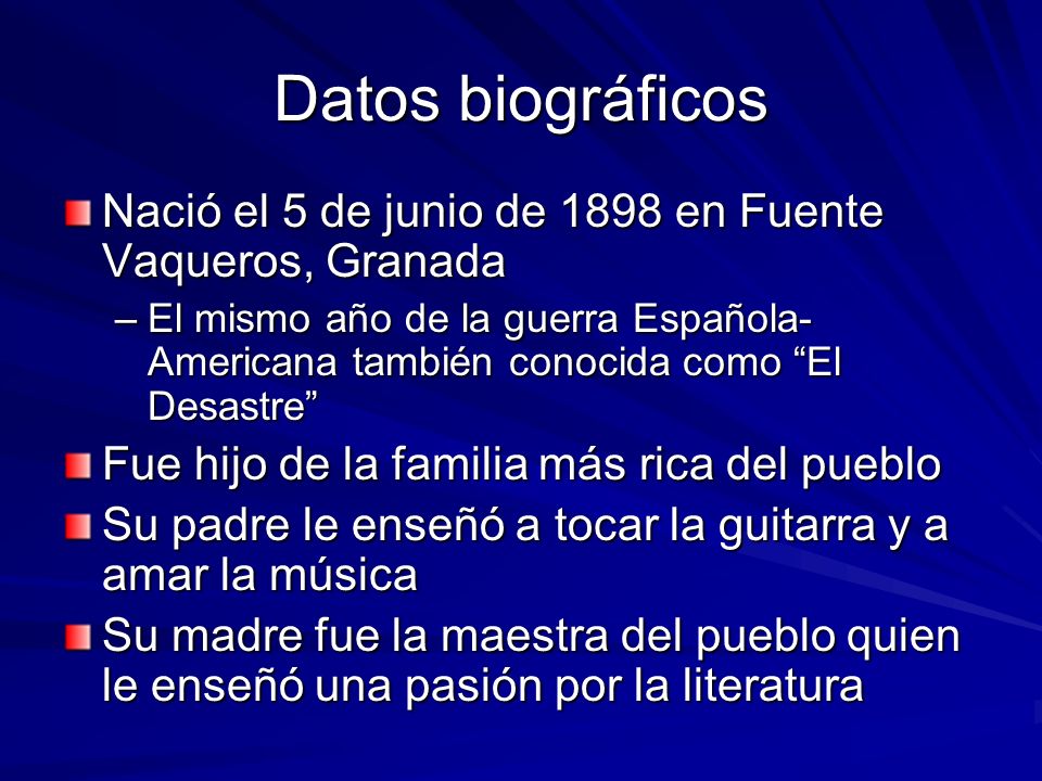 Datos biográficos Nació el 5 de junio de 1898 en Fuente Vaqueros, Granada.
