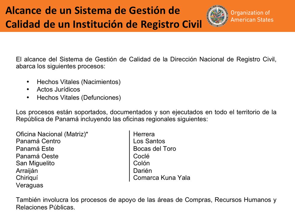 Alcance de un Sistema de Gestión de Calidad de un Institución de Registro Civil