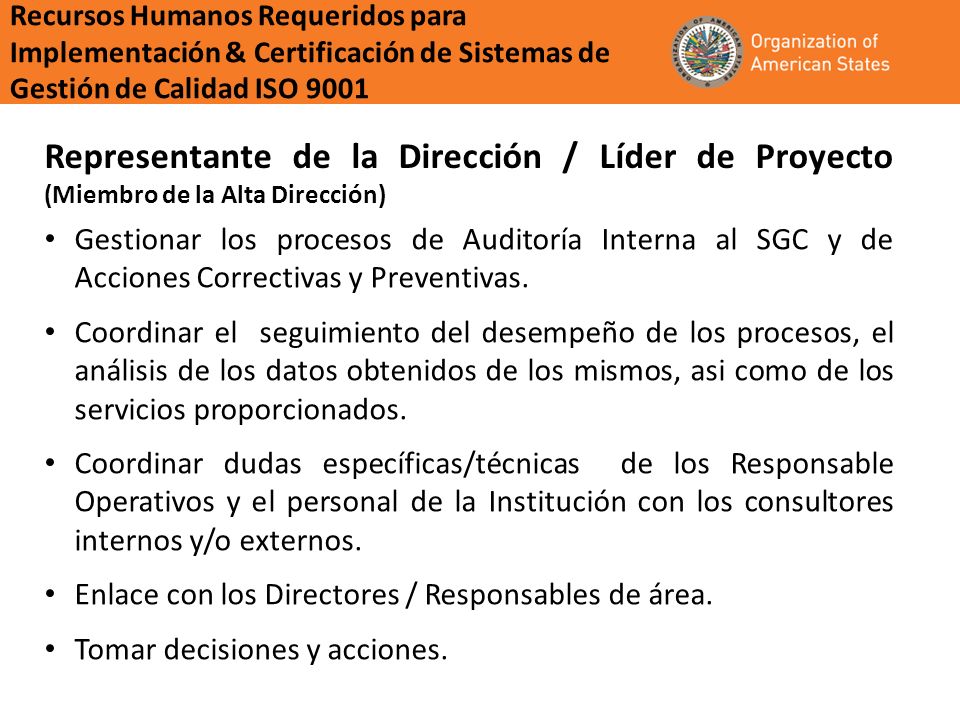Recursos Humanos Requeridos para Implementación & Certificación de Sistemas de Gestión de Calidad ISO 9001