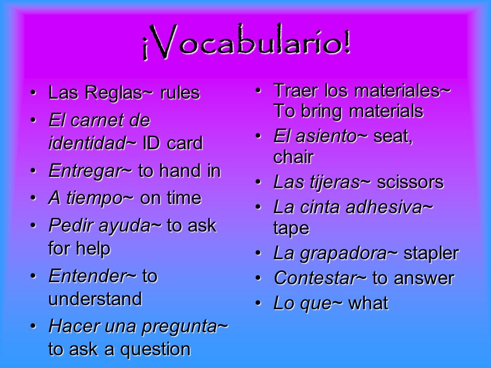 ¡Vocabulario! Las Reglas~ rules El carnet de identidad~ ID card