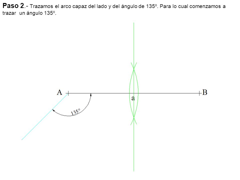 Paso 2. - Trazamos el arco capaz del lado y del ángulo de 135º
