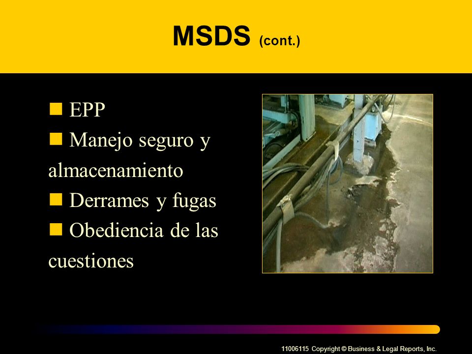 MSDS (cont.) EPP Manejo seguro y almacenamiento Derrames y fugas
