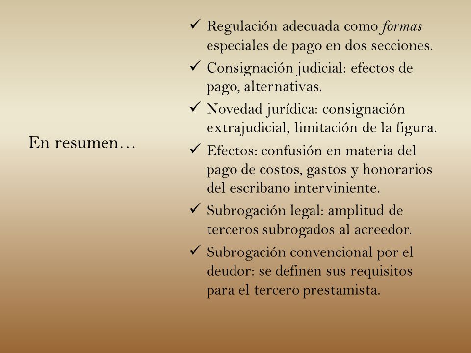 Regulación adecuada como formas especiales de pago en dos secciones.