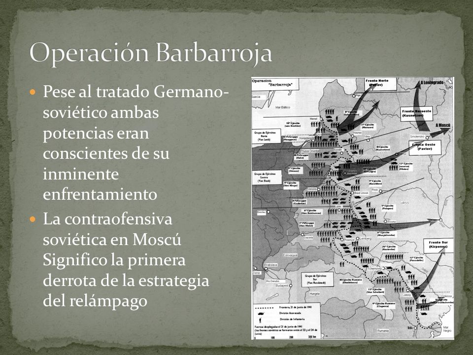 Operación Barbarroja Pese al tratado Germano- soviético ambas potencias eran conscientes de su inminente enfrentamiento.