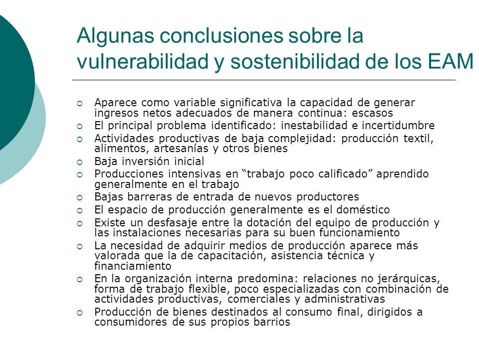 Algunas conclusiones sobre la vulnerabilidad y sostenibilidad de los EAM