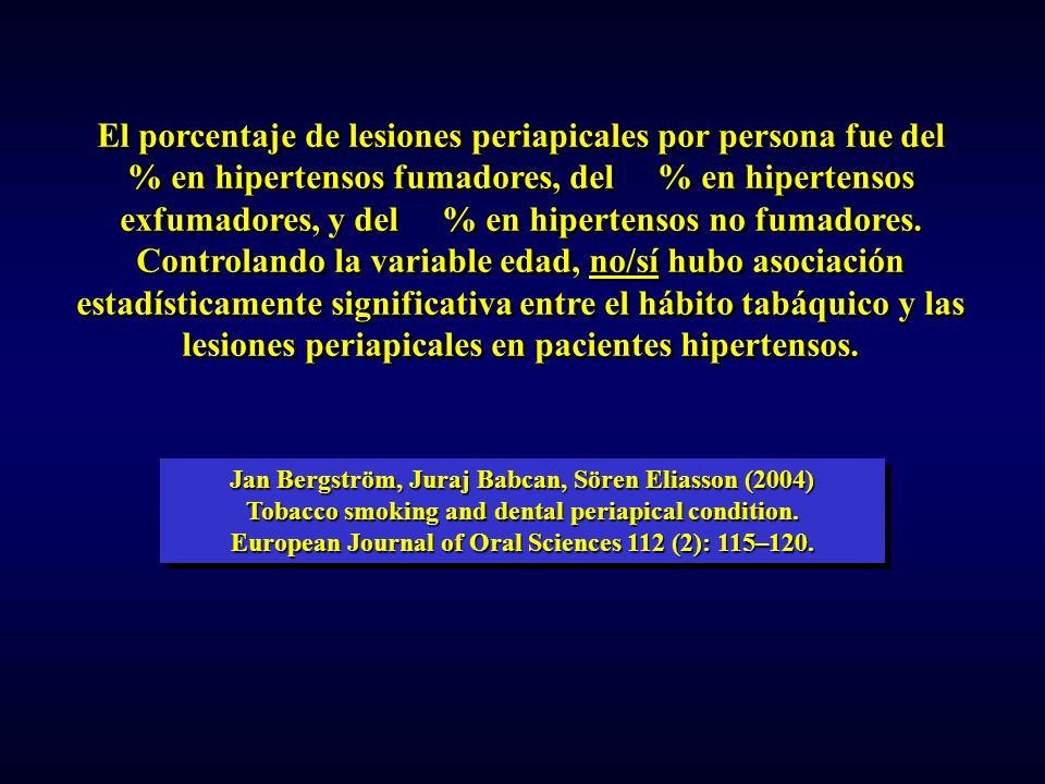El porcentaje de lesiones periapicales por persona fue del % en hipertensos fumadores, del % en hipertensos exfumadores, y del % en hipertensos no fumadores. Controlando la variable edad, no/sí hubo asociación estadísticamente significativa entre el hábito tabáquico y las lesiones periapicales en pacientes hipertensos.
