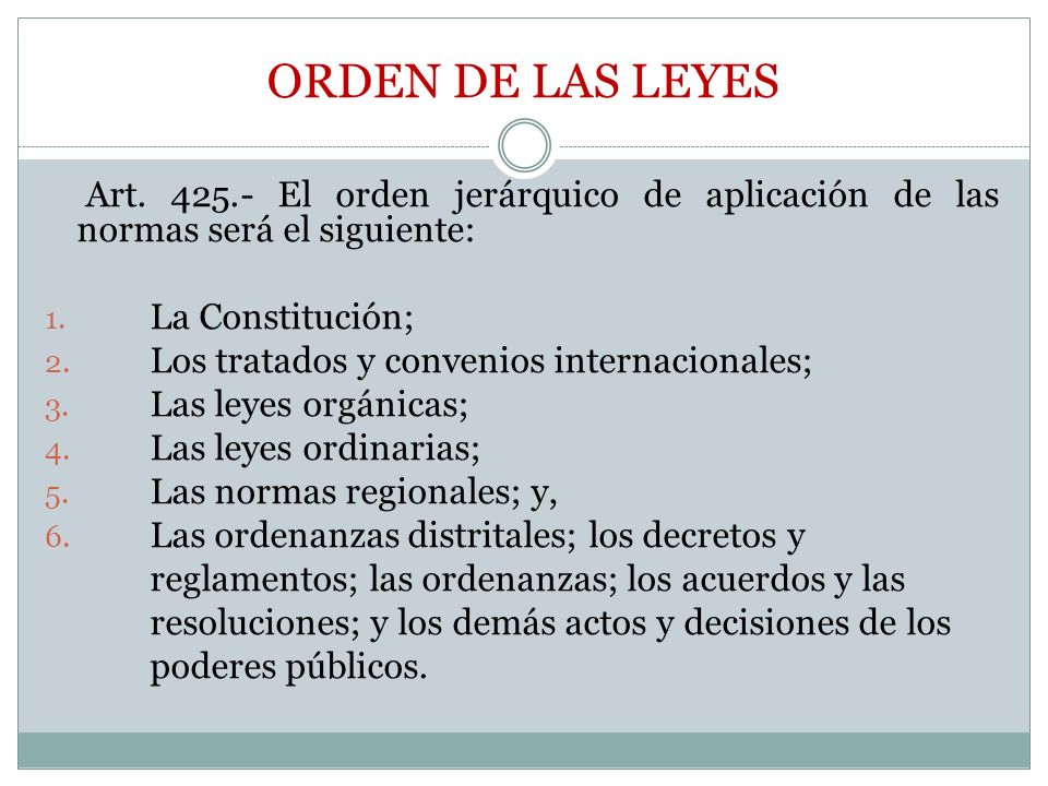 ORDEN DE LAS LEYES Art El orden jerárquico de aplicación de las normas será el siguiente: La Constitución;