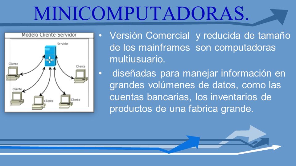 MINICOMPUTADORAS. Versión Comercial y reducida de tamaño de los mainframes son computadoras multiusuario.