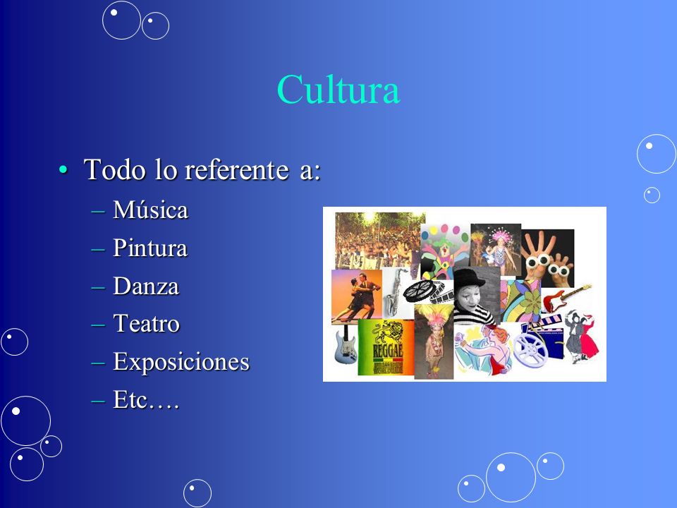 Cultura Todo lo referente a: Música Pintura Danza Teatro Exposiciones