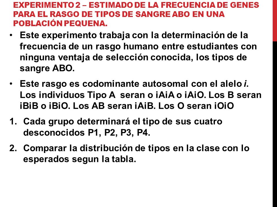 Experimento 2 – Estimado de la frecuencia de genes para el rasgo de tipos de sangre ABO en una población pequena.