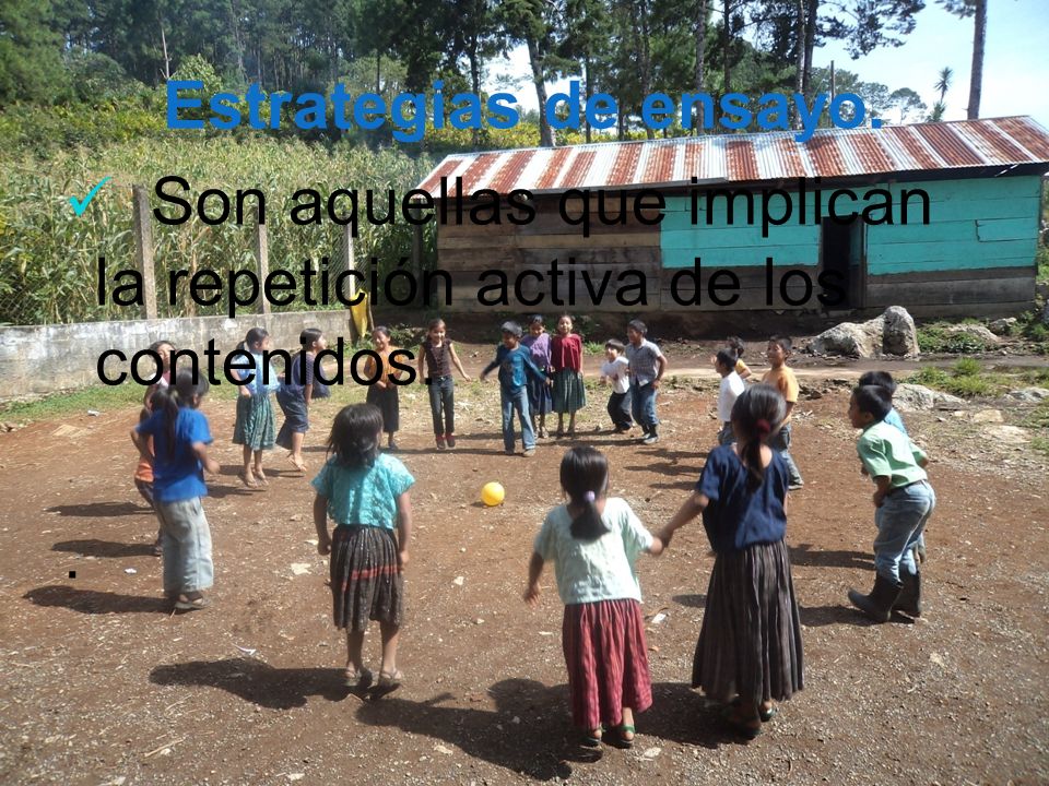 Estrategias de ensayo. Son aquellas que implican la repetición activa de los contenidos. .