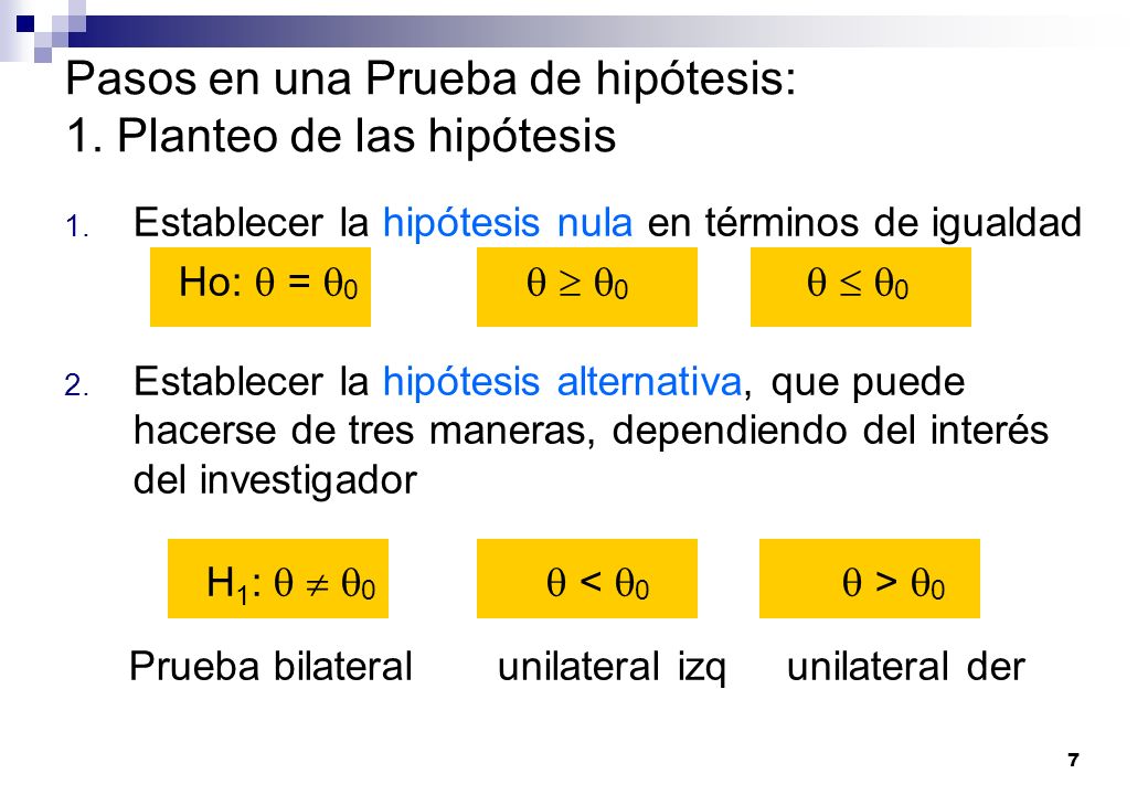 Pasos en una Prueba de hipótesis: 1. Planteo de las hipótesis