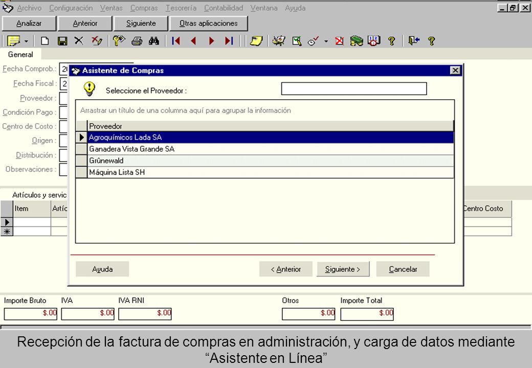 Recepción de la factura de compras en administración, y carga de datos mediante Asistente en Línea