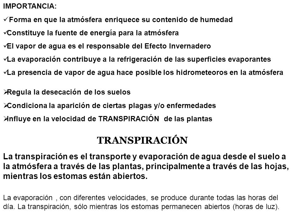 IMPORTANCIA: Forma en que la atmósfera enriquece su contenido de humedad. Constituye la fuente de energía para la atmósfera.
