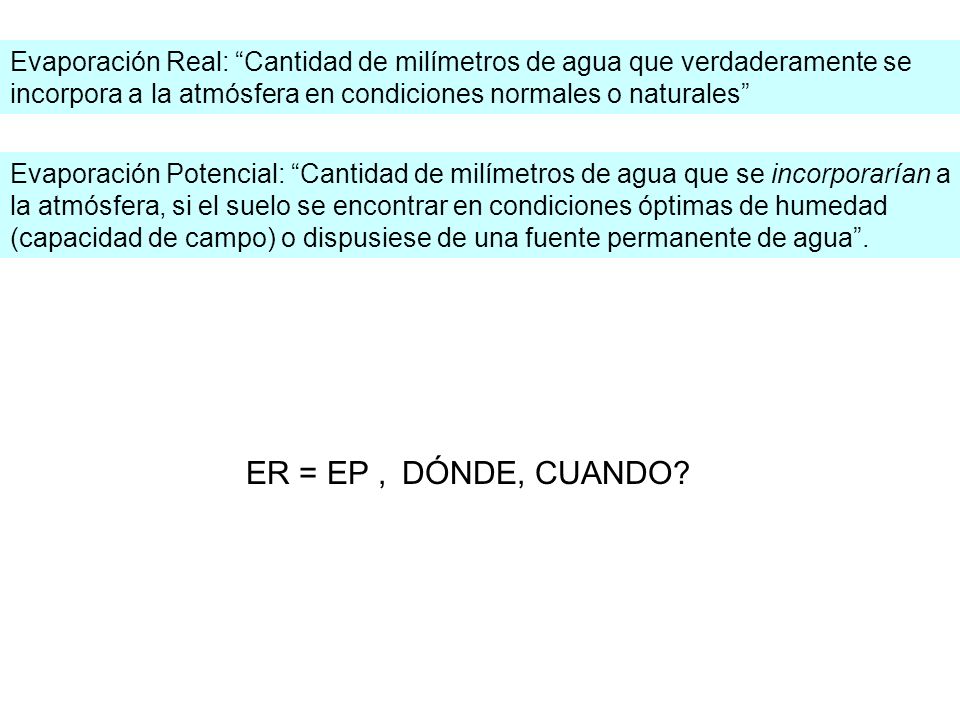 Evaporación Real: Cantidad de milímetros de agua que verdaderamente se incorpora a la atmósfera en condiciones normales o naturales