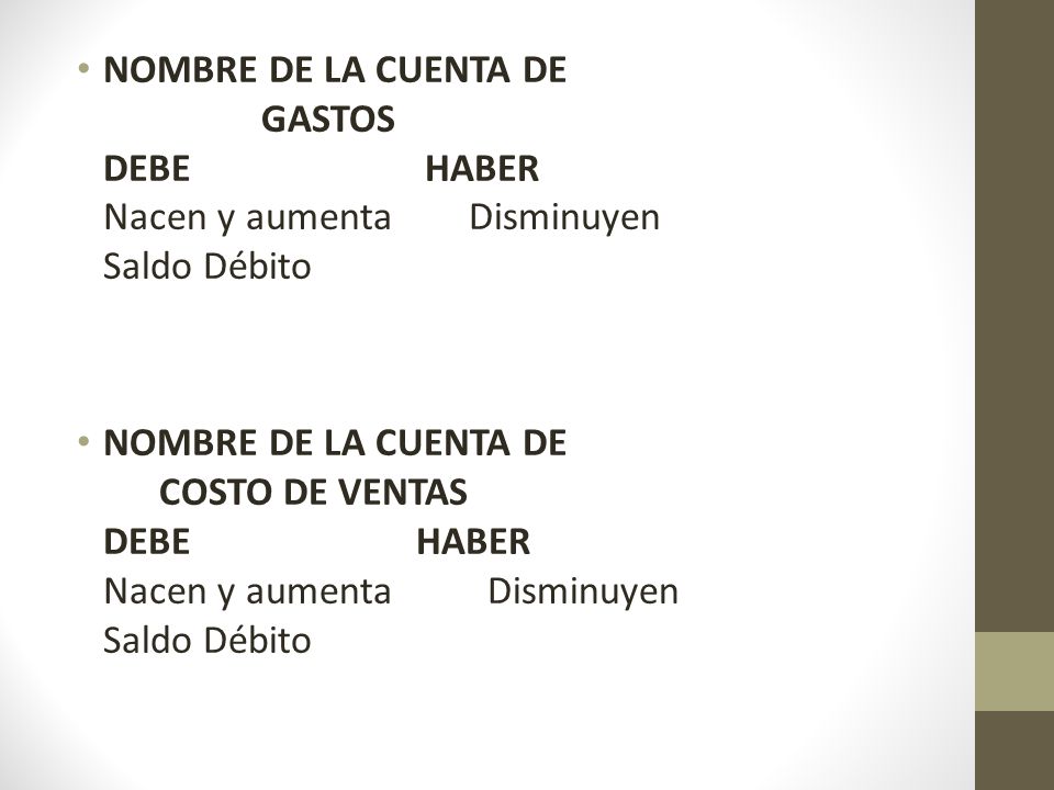 NOMBRE DE LA CUENTA DE GASTOS DEBE HABER Nacen y aumenta Disminuyen Saldo Débito