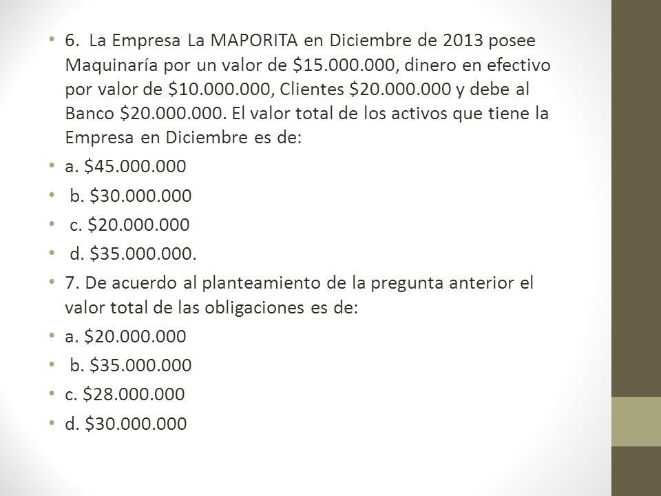 6. La Empresa La MAPORITA en Diciembre de 2013 posee Maquinaría por un valor de $ , dinero en efectivo por valor de $ , Clientes $ y debe al Banco $ El valor total de los activos que tiene la Empresa en Diciembre es de: