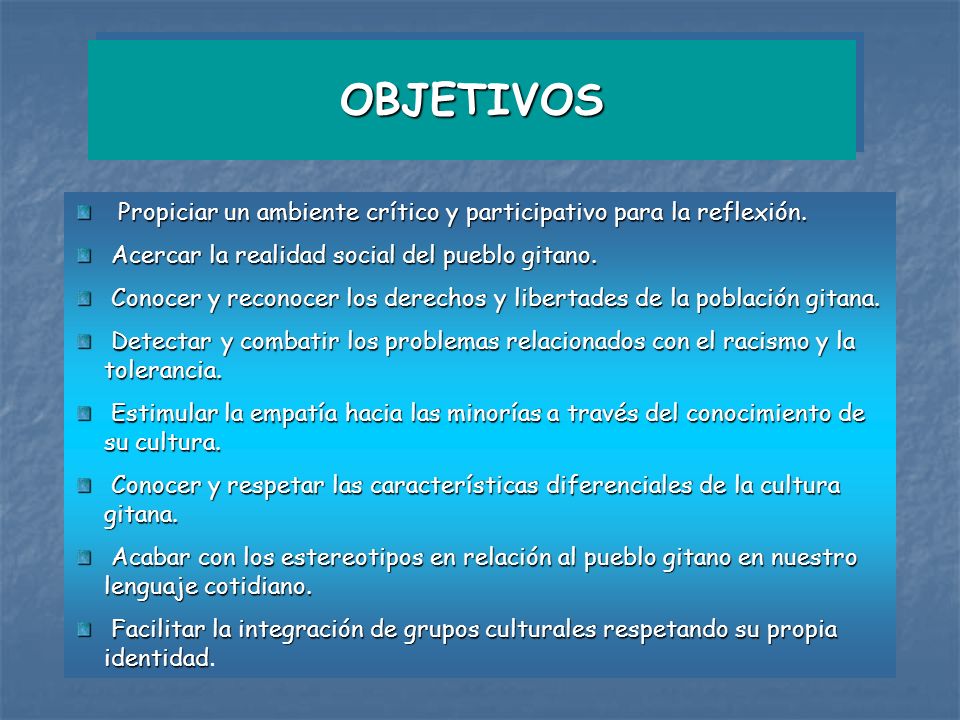 OBJETIVOS Propiciar un ambiente crítico y participativo para la reflexión. Acercar la realidad social del pueblo gitano.
