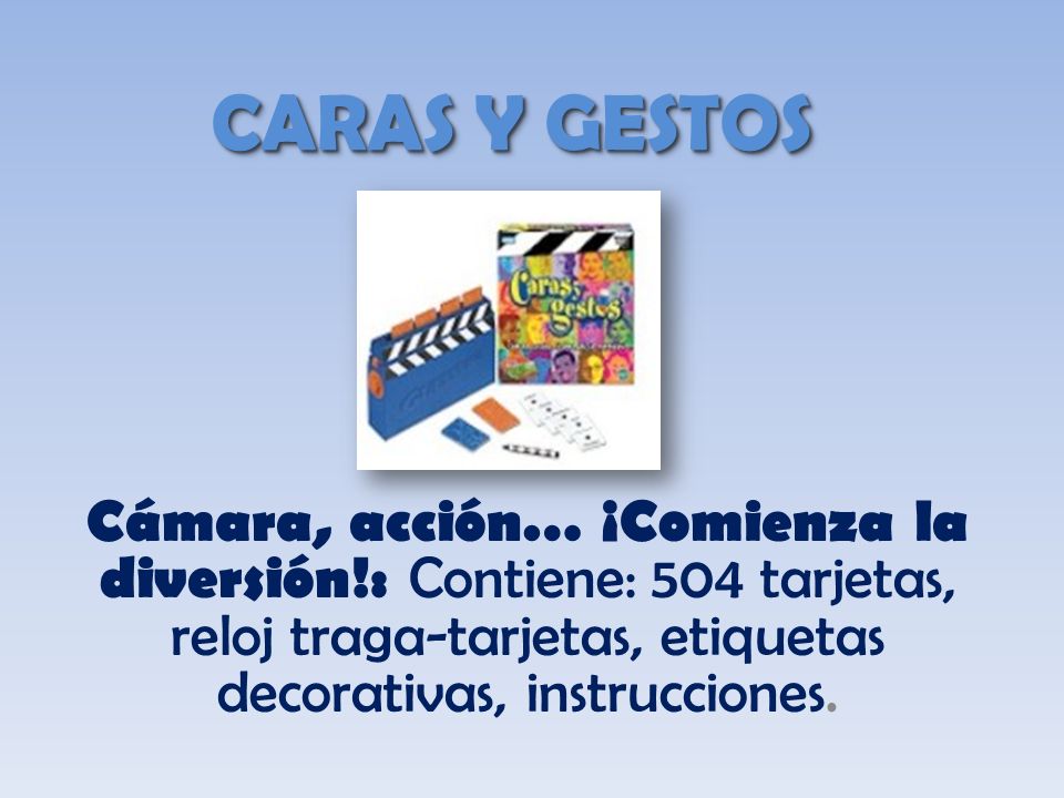 CARAS Y GESTOS Cámara, acción… ¡Comienza la diversión!: Contiene: 504 tarjetas, reloj traga-tarjetas, etiquetas decorativas, instrucciones.