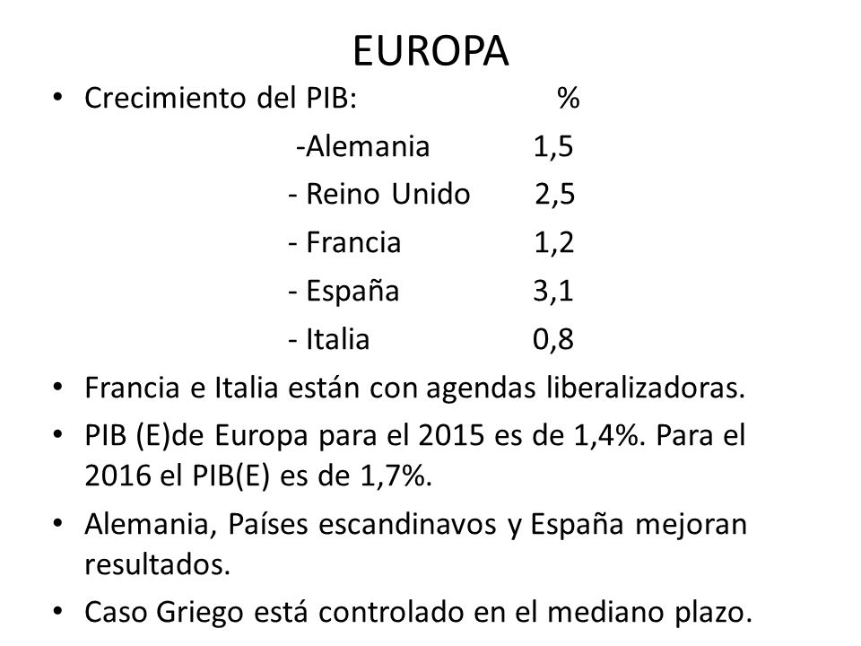 EUROPA Crecimiento del PIB: % -Alemania 1,5 - Reino Unido 2,5