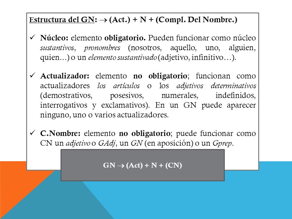 Estructura del GN:  (Act.) + N + (Compl. Del Nombre.)