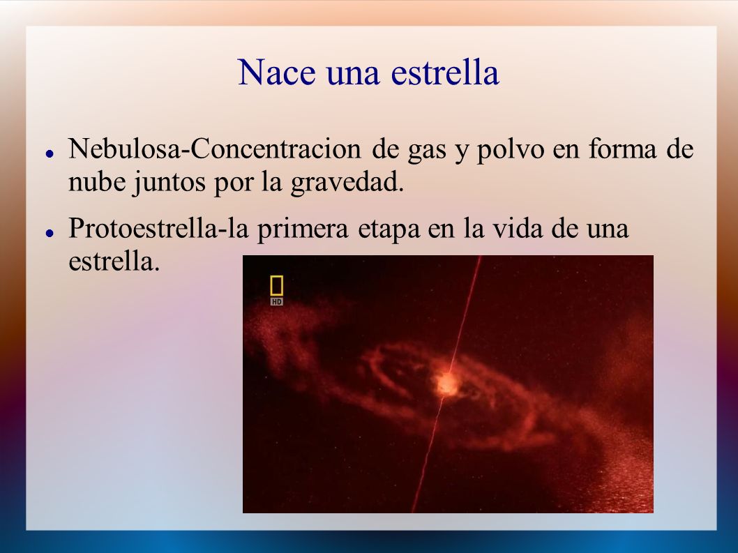 Nace una estrella Nebulosa-Concentracion de gas y polvo en forma de nube juntos por la gravedad.