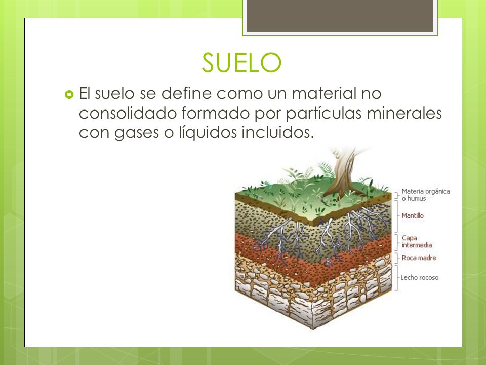 SUELO El suelo se define como un material no consolidado formado por partículas minerales con gases o líquidos incluidos.