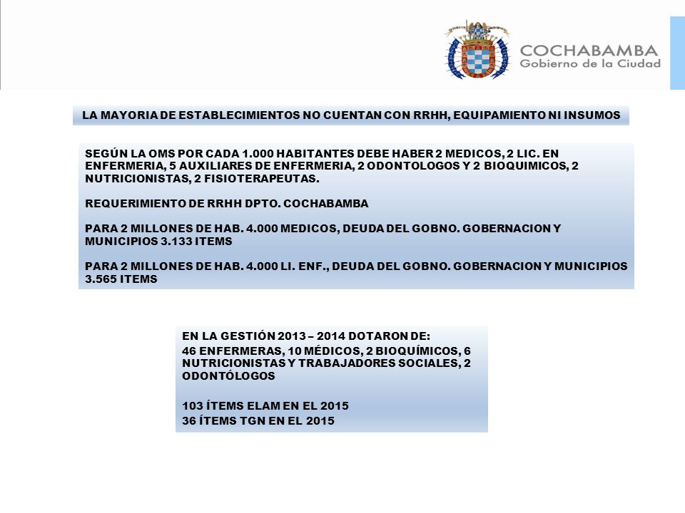 LA MAYORIA DE ESTABLECIMIENTOS NO CUENTAN CON RRHH, EQUIPAMIENTO NI INSUMOS