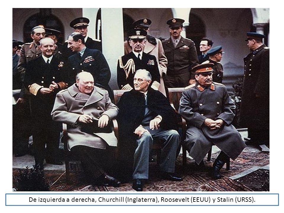 De izquierda a derecha, Churchill (Inglaterra), Roosevelt (EEUU) y Stalin (URSS).