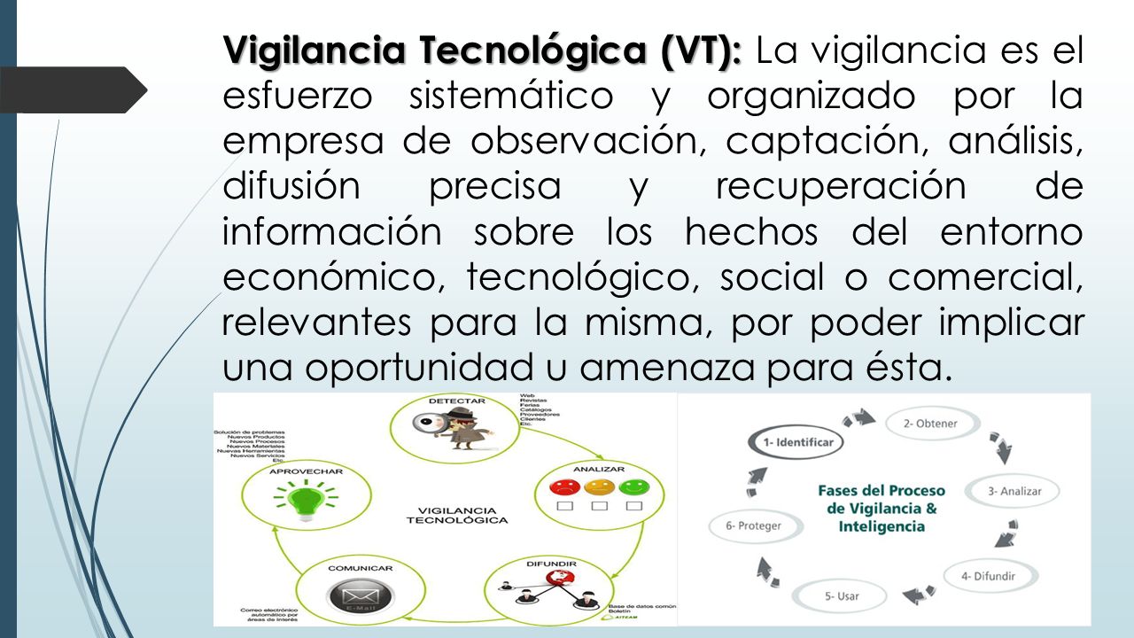 Vigilancia Tecnológica (VT): La vigilancia es el esfuerzo sistemático y organizado por la empresa de observación, captación, análisis, difusión precisa y recuperación de información sobre los hechos del entorno económico, tecnológico, social o comercial, relevantes para la misma, por poder implicar una oportunidad u amenaza para ésta.