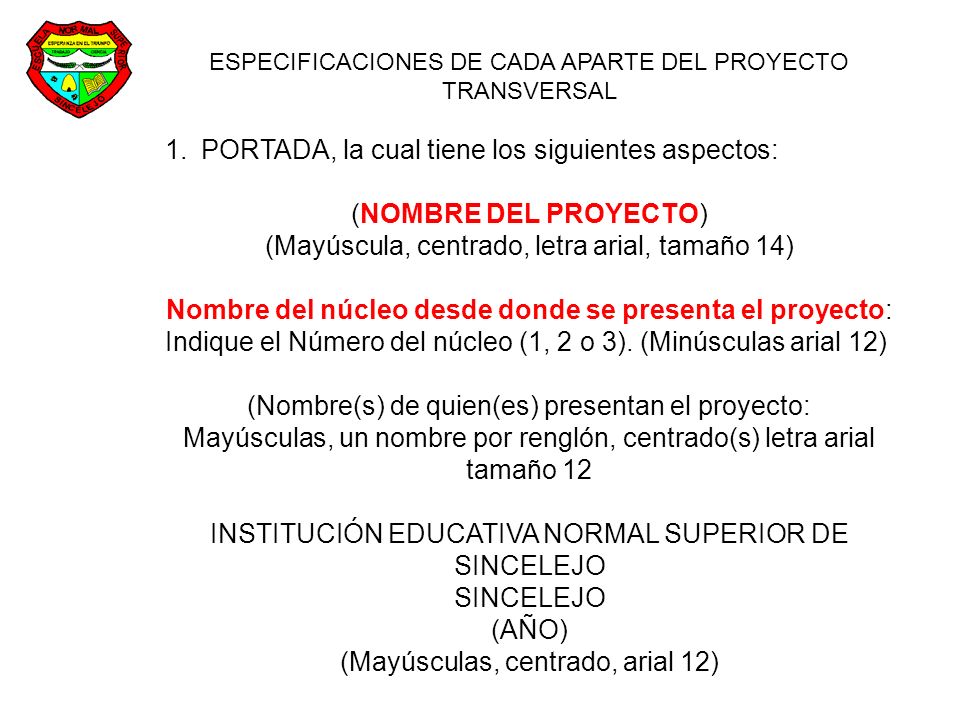 PORTADA, la cual tiene los siguientes aspectos: (NOMBRE DEL PROYECTO)