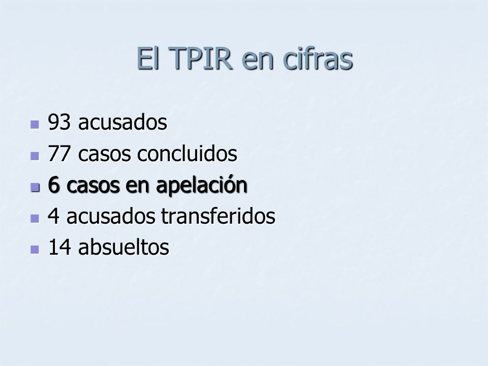 El TPIR en cifras 93 acusados 77 casos concluidos 6 casos en apelación
