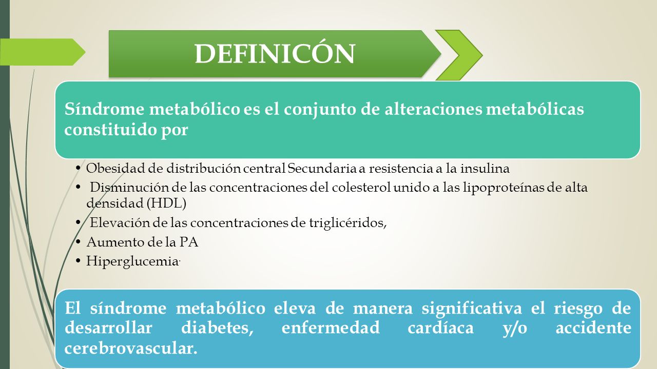 DEFINICÓN Síndrome metabólico es el conjunto de alteraciones metabólicas constituido por.