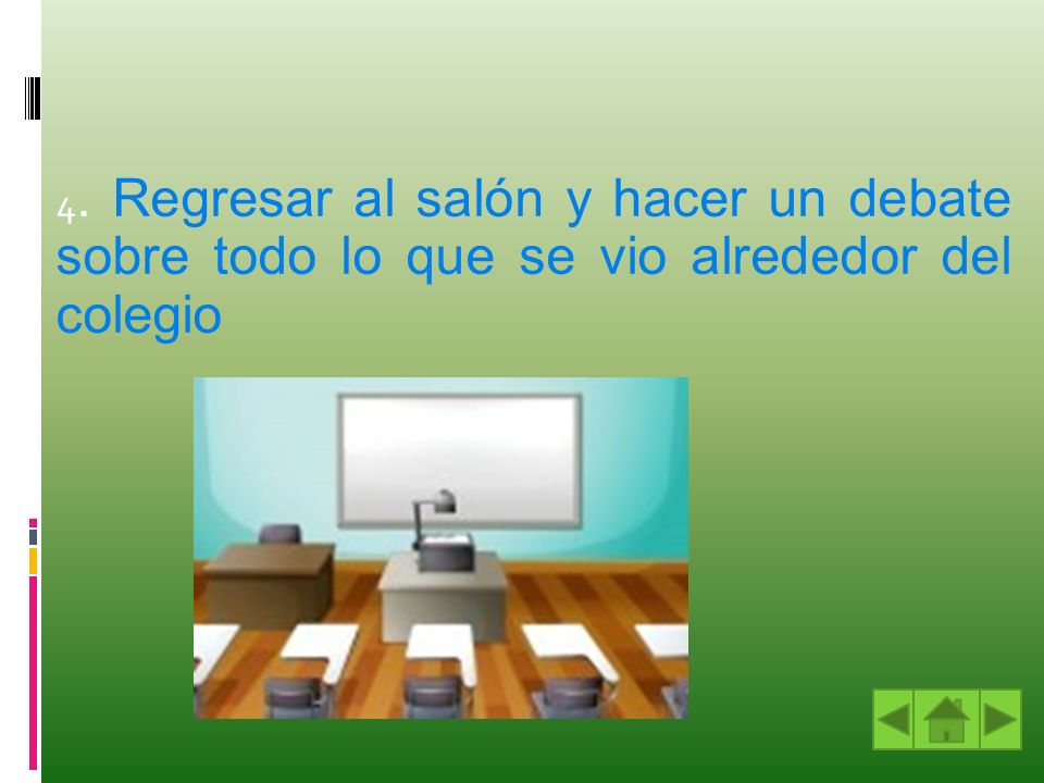 4. Regresar al salón y hacer un debate sobre todo lo que se vio alrededor del colegio