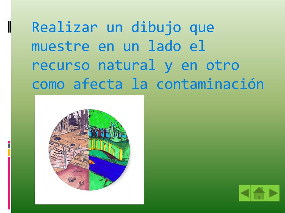 Realizar un dibujo que muestre en un lado el recurso natural y en otro como afecta la contaminación