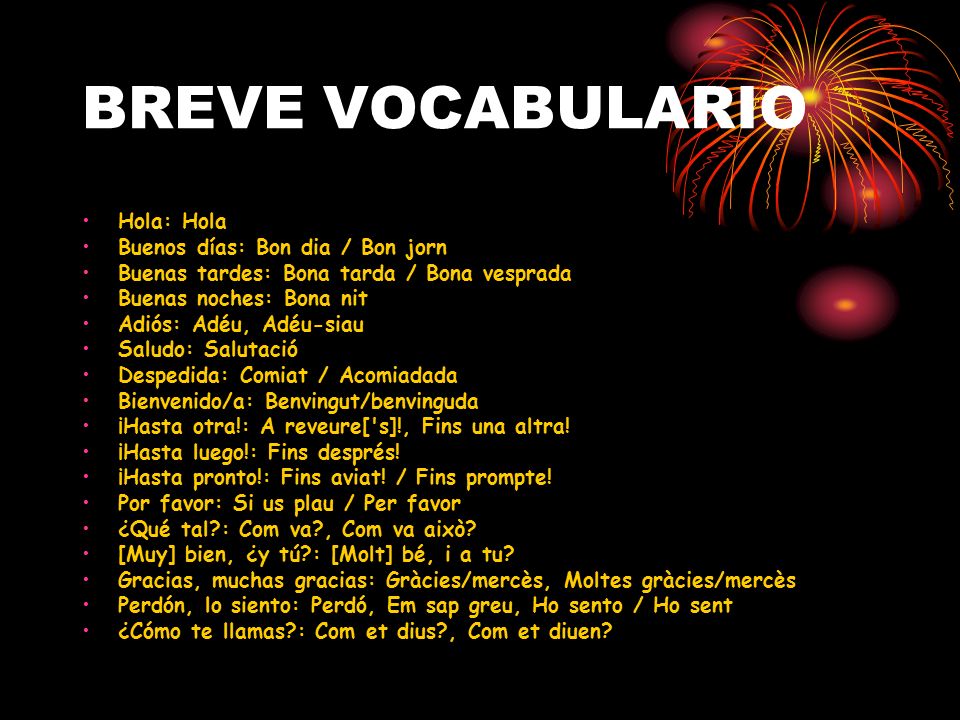 BREVE VOCABULARIO Hola: Hola Buenos días: Bon dia / Bon jorn