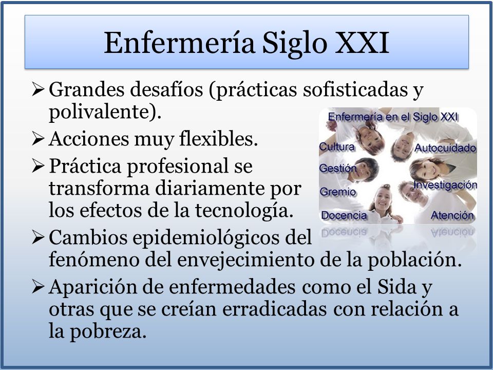 Enfermería Siglo XXI Grandes desafíos (prácticas sofisticadas y polivalente). Acciones muy flexibles.