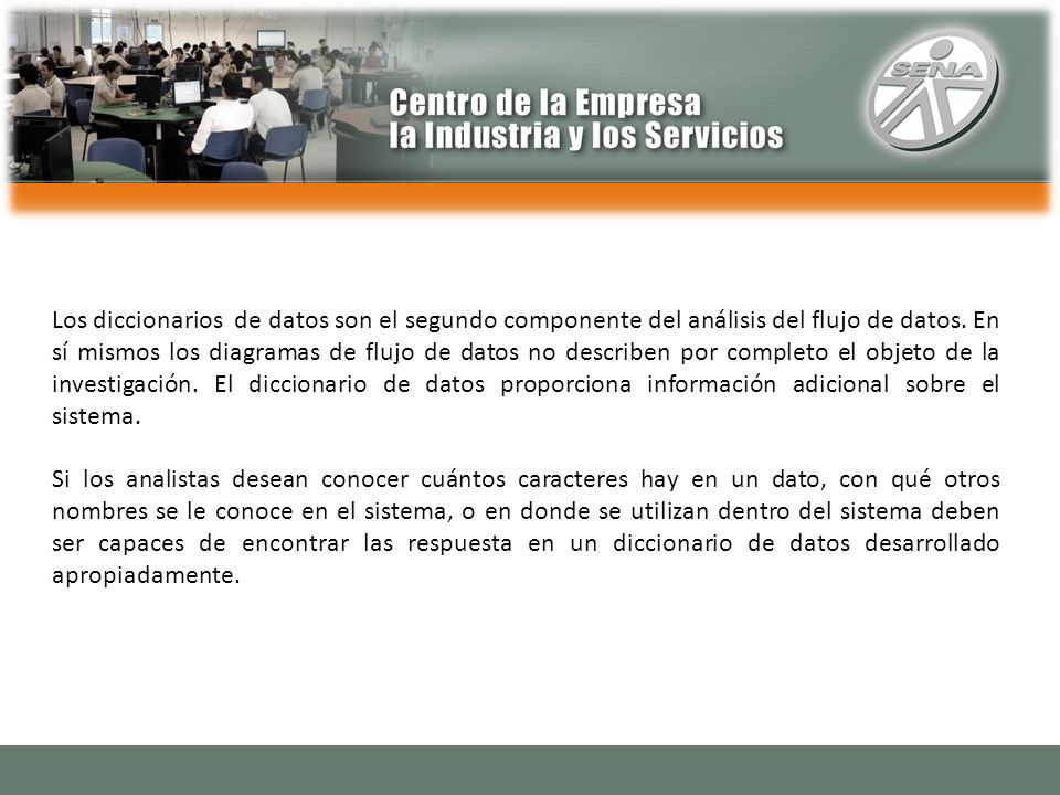 Los diccionarios de datos son el segundo componente del análisis del flujo de datos. En sí mismos los diagramas de flujo de datos no describen por completo el objeto de la investigación. El diccionario de datos proporciona información adicional sobre el sistema.