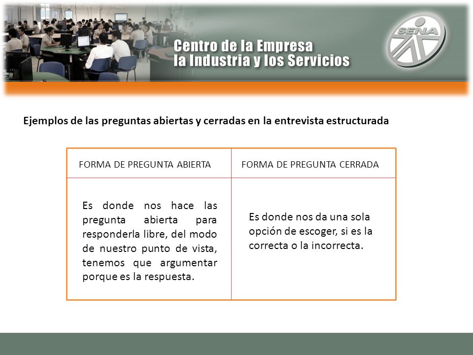 Ejemplos de las preguntas abiertas y cerradas en la entrevista estructurada