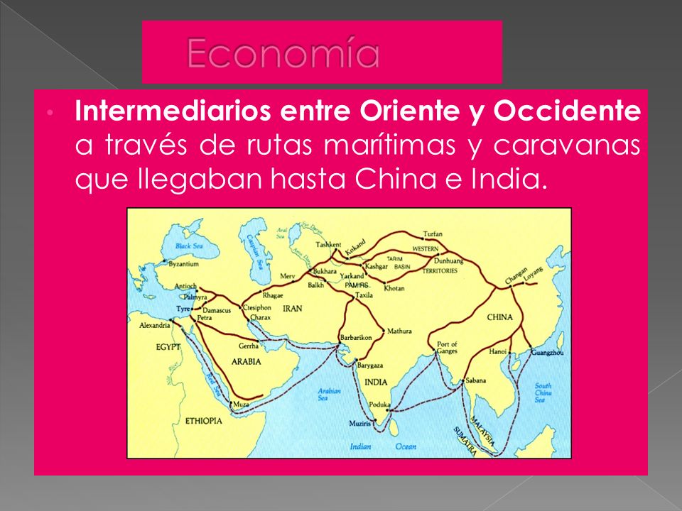 Economía Intermediarios entre Oriente y Occidente a través de rutas marítimas y caravanas que llegaban hasta China e India.