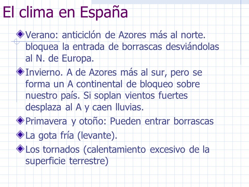 El clima en España Verano: anticiclón de Azores más al norte. bloquea la entrada de borrascas desviándolas al N. de Europa.