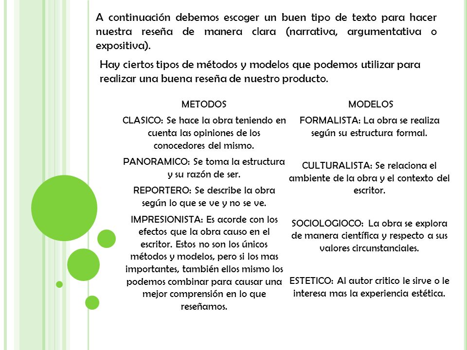 A continuación debemos escoger un buen tipo de texto para hacer nuestra reseña de manera clara (narrativa, argumentativa o expositiva).