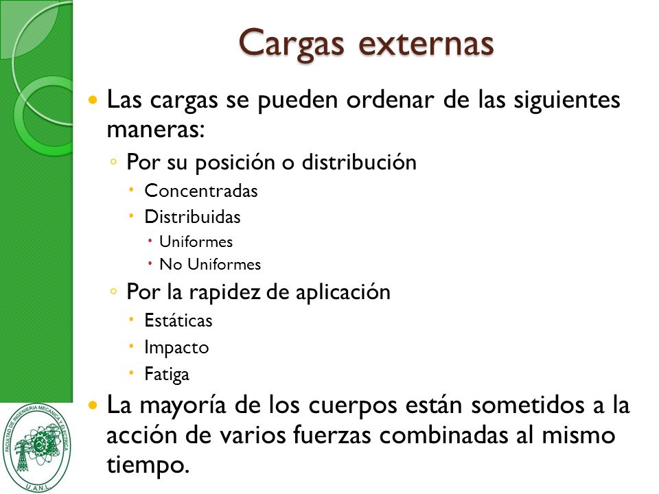 Cargas externas Las cargas se pueden ordenar de las siguientes maneras: Por su posición o distribución.