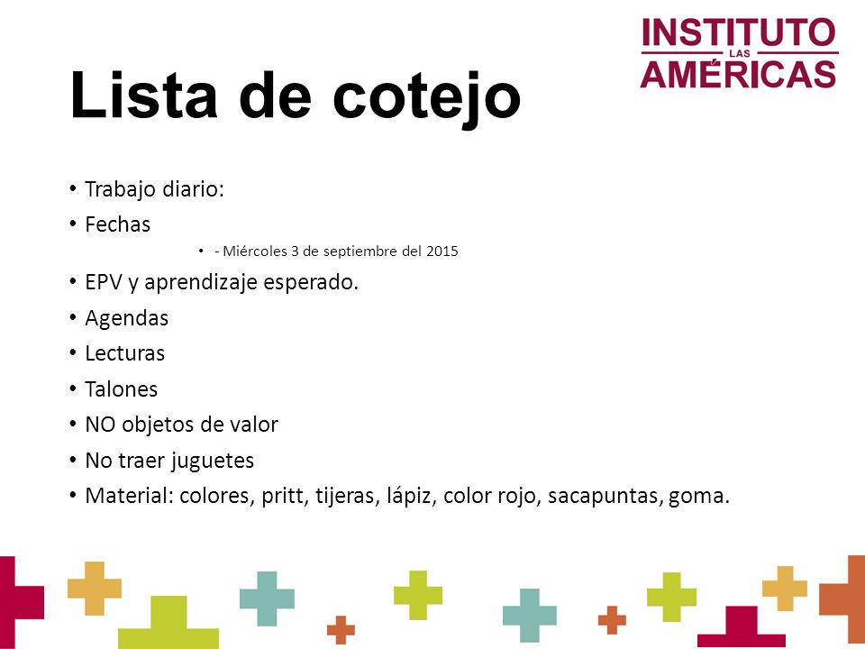 Lista de cotejo Trabajo diario: Fechas EPV y aprendizaje esperado.