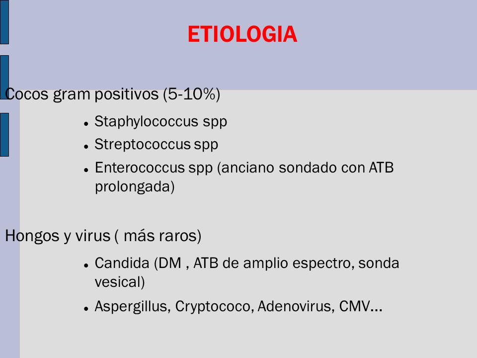 ETIOLOGIA Cocos gram positivos (5-10%) Hongos y virus ( más raros)