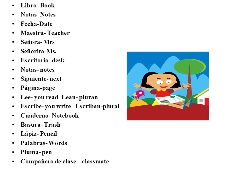 Libro- Book Notas- Notes. Fecha-Date. Maestra- Teacher. Señora- Mrs. Señorita-Ms. Escritorio- desk.