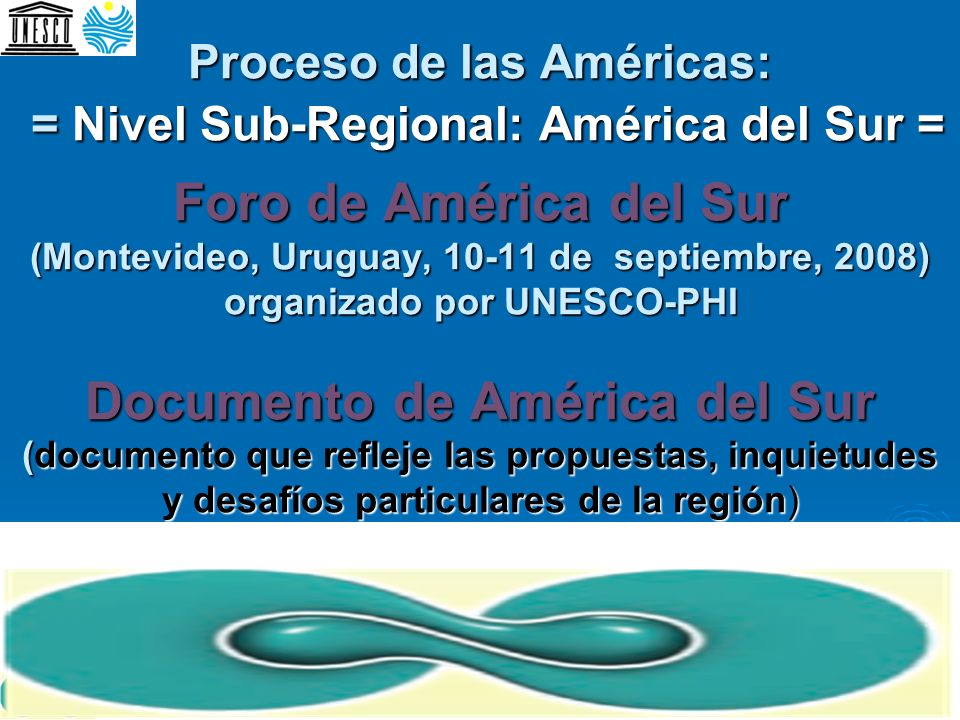 Proceso de las Américas: = Nivel Sub-Regional: América del Sur = Foro de América del Sur (Montevideo, Uruguay, de septiembre, 2008) organizado por UNESCO-PHI Documento de América del Sur (documento que refleje las propuestas, inquietudes y desafíos particulares de la región)