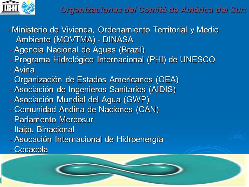 Organizaciones del Comité de América del Sur: - Ministerio de Vivienda, Ordenamiento Territorial y Medio Ambiente (MOVTMA) - DINASA - Agencia Nacional de Aguas (Brazil) - Programa Hidrológico Internacional (PHI) de UNESCO - Avina - Organización de Estados Americanos (OEA) - Asociación de Ingenieros Sanitarios (AIDIS) - Asociación Mundial del Agua (GWP) - Comunidad Andina de Naciones (CAN) - Parlamento Mercosur - Itaipu Binacional - Asocación Internacional de Hidroenergía - Cocacola